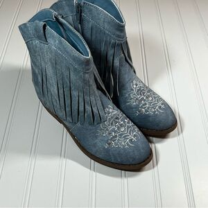 Western Cowgirl Denim Fringe Boots Embroidered Big Girls Size 4 NWT